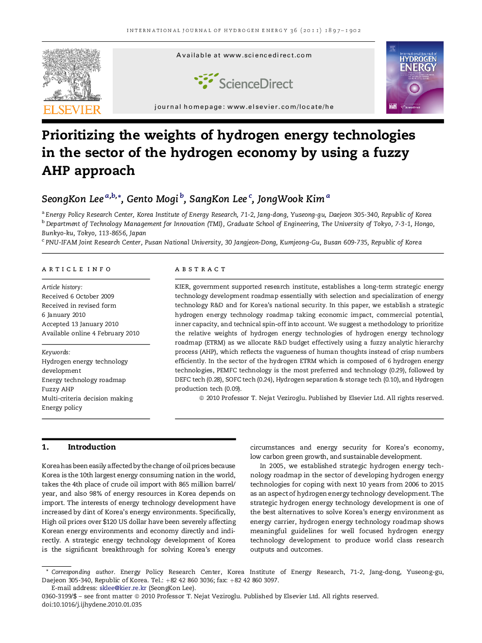 Prioritizing the weights of hydrogen energy technologies in the sector of the hydrogen economy by using a fuzzy AHP approach