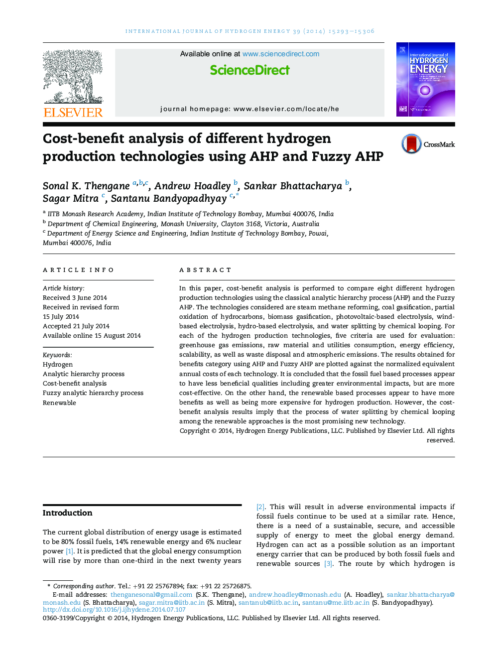 Cost-benefit analysis of different hydrogen production technologies using AHP and Fuzzy AHP