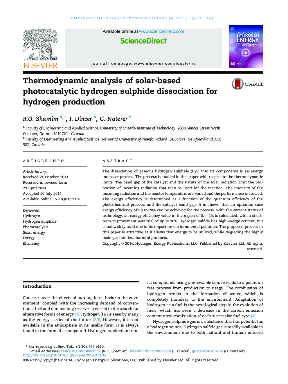 Thermodynamic analysis of solar-based photocatalytic hydrogen sulphide dissociation for hydrogen production