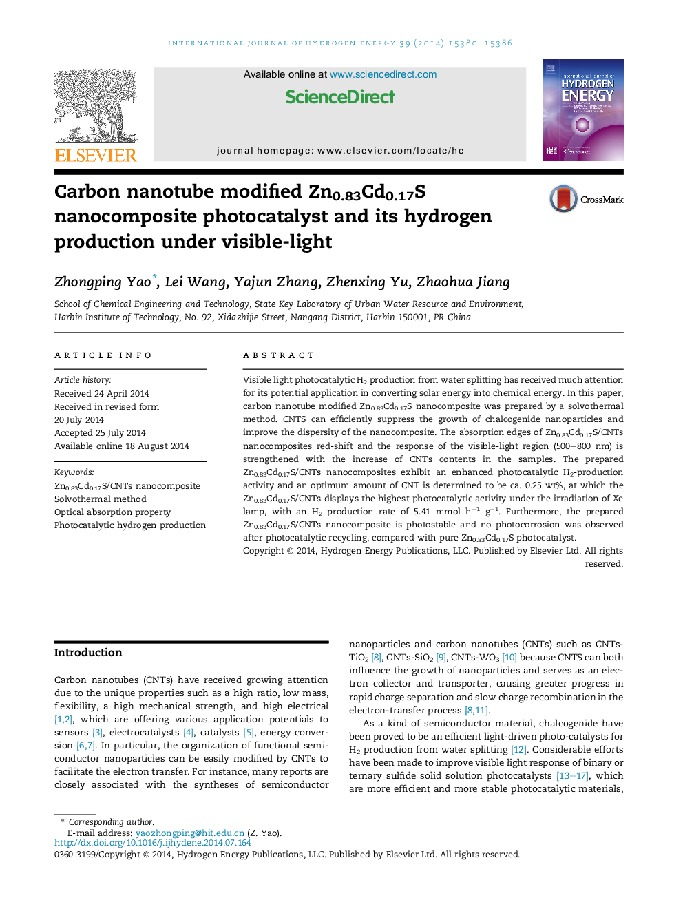 Carbon nanotube modified Zn0.83Cd0.17S nanocomposite photocatalyst and its hydrogen production under visible-light