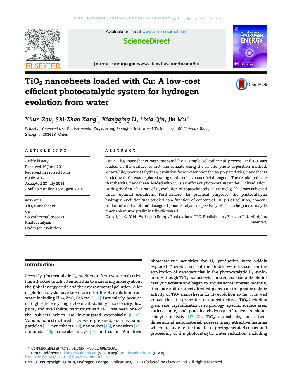 TiO2 nanosheets loaded with Cu: A low-cost efficient photocatalytic system for hydrogen evolution from water