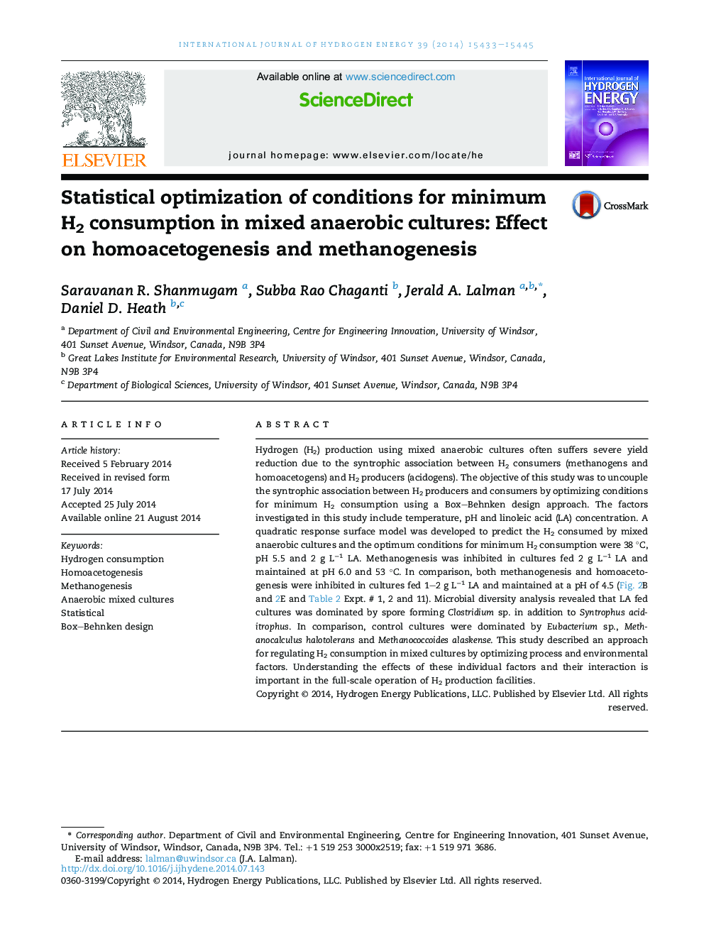 Statistical optimization of conditions for minimum H2 consumption in mixed anaerobic cultures: Effect on homoacetogenesis and methanogenesis