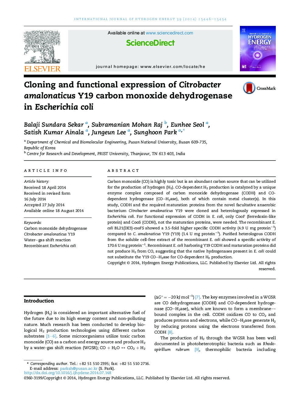 Cloning and functional expression of Citrobacter amalonaticus Y19 carbon monoxide dehydrogenase in Escherichia coli