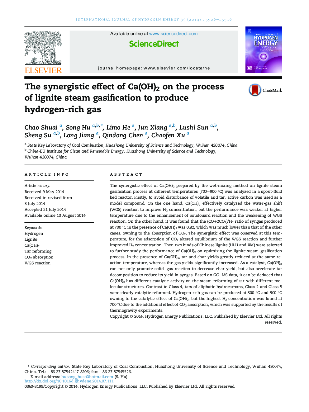 The synergistic effect of Ca(OH)2 on the process of lignite steam gasification to produce hydrogen-rich gas