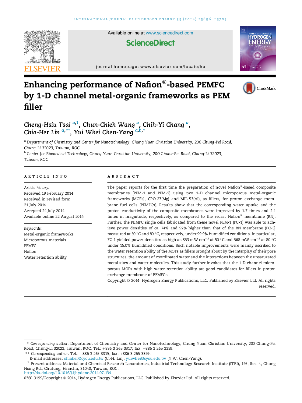 Enhancing performance of Nafion®-based PEMFC by 1-D channel metal-organic frameworks as PEM filler