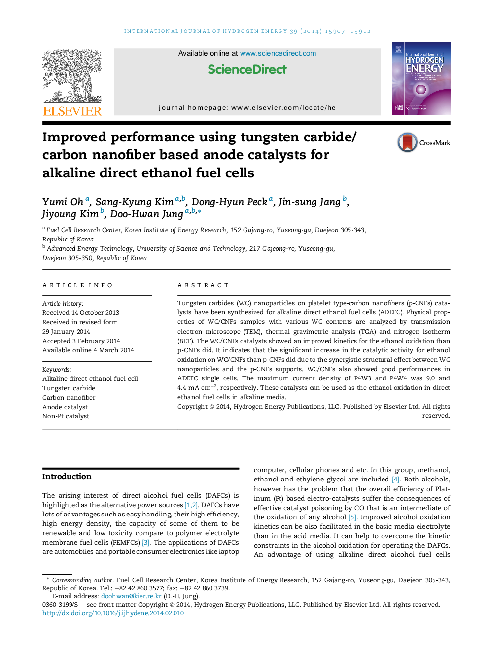 Improved performance using tungsten carbide/carbon nanofiber based anode catalysts for alkaline direct ethanol fuel cells