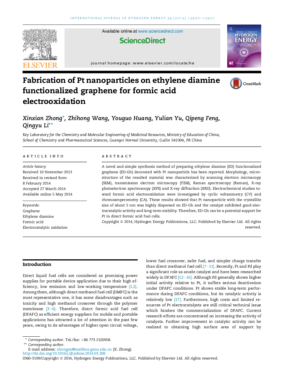 Fabrication of Pt nanoparticles on ethylene diamine functionalized graphene for formic acid electrooxidation