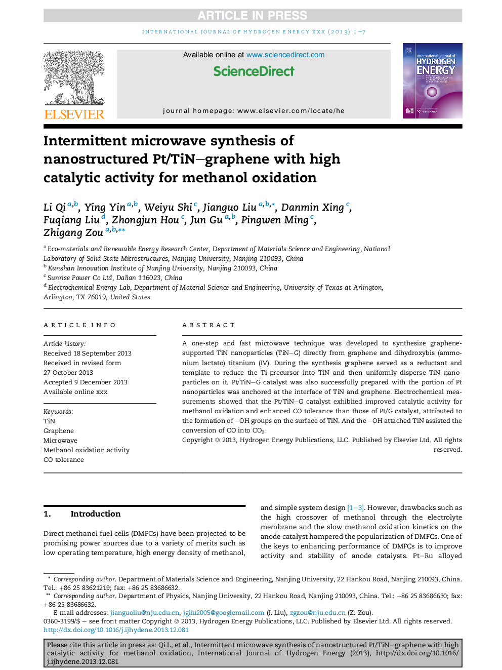 Intermittent microwave synthesis of nanostructured Pt/TiN-graphene with high catalytic activity for methanol oxidation