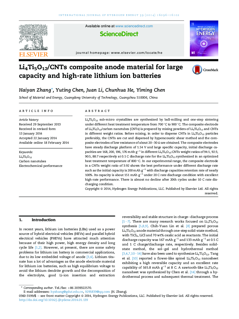 Li4Ti5O12/CNTs composite anode material for large capacity and high-rate lithium ion batteries