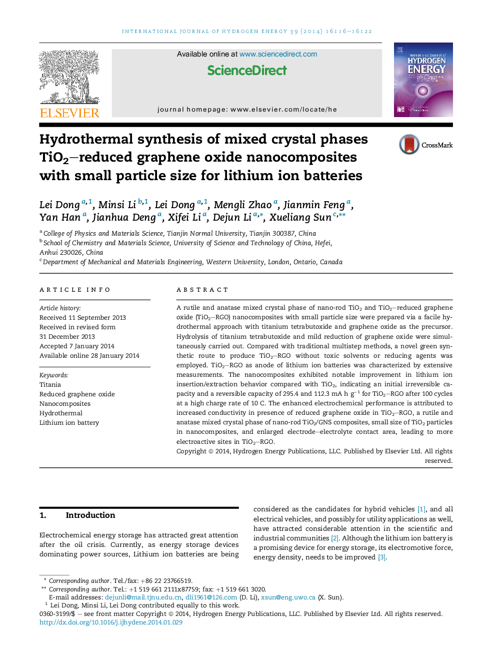 Hydrothermal synthesis of mixed crystal phases TiO2–reduced graphene oxide nanocomposites with small particle size for lithium ion batteries