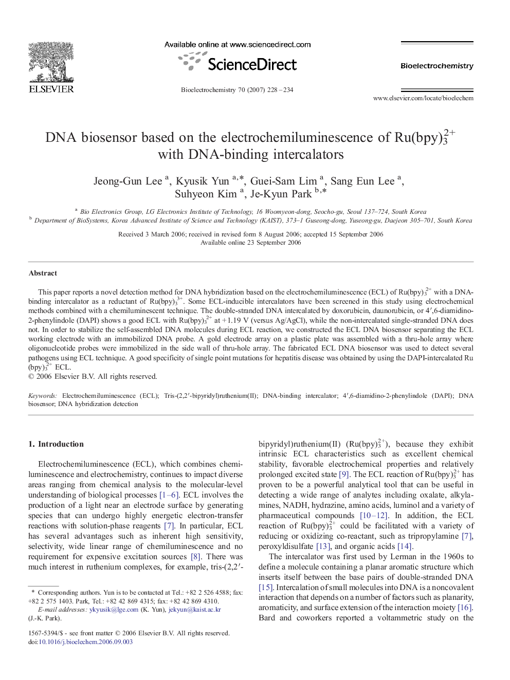 DNA biosensor based on the electrochemiluminescence of Ru(bpy)32+ with DNA-binding intercalators