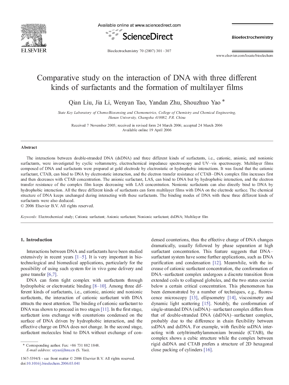 Comparative study on the interaction of DNA with three different kinds of surfactants and the formation of multilayer films