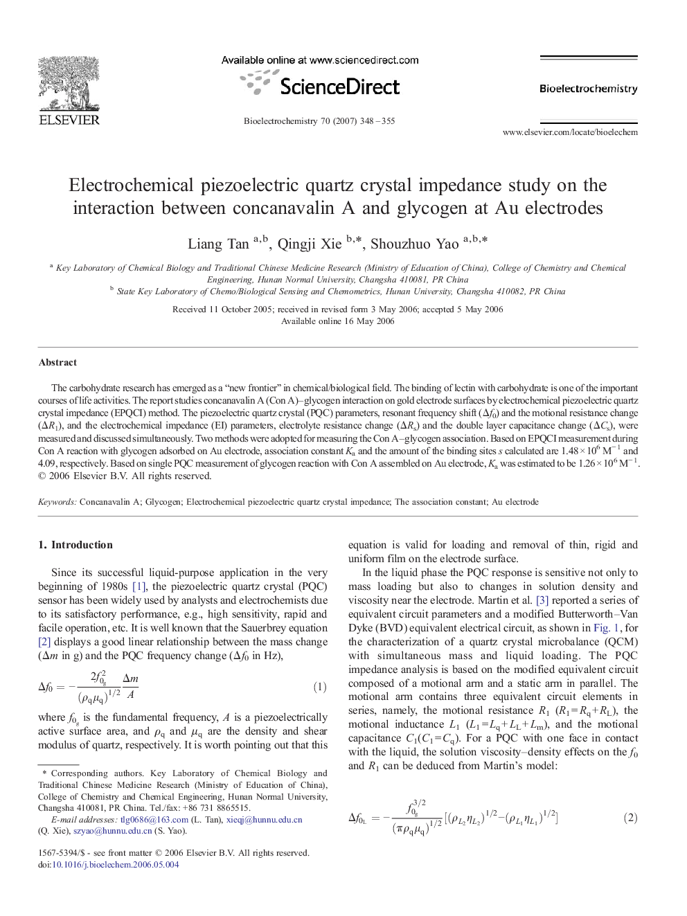 Electrochemical piezoelectric quartz crystal impedance study on the interaction between concanavalin A and glycogen at Au electrodes