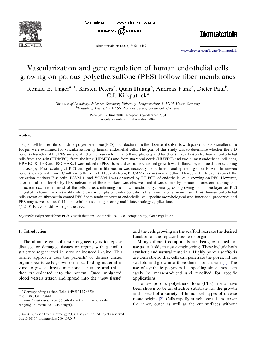 Vascularization and gene regulation of human endothelial cells growing on porous polyethersulfone (PES) hollow fiber membranes