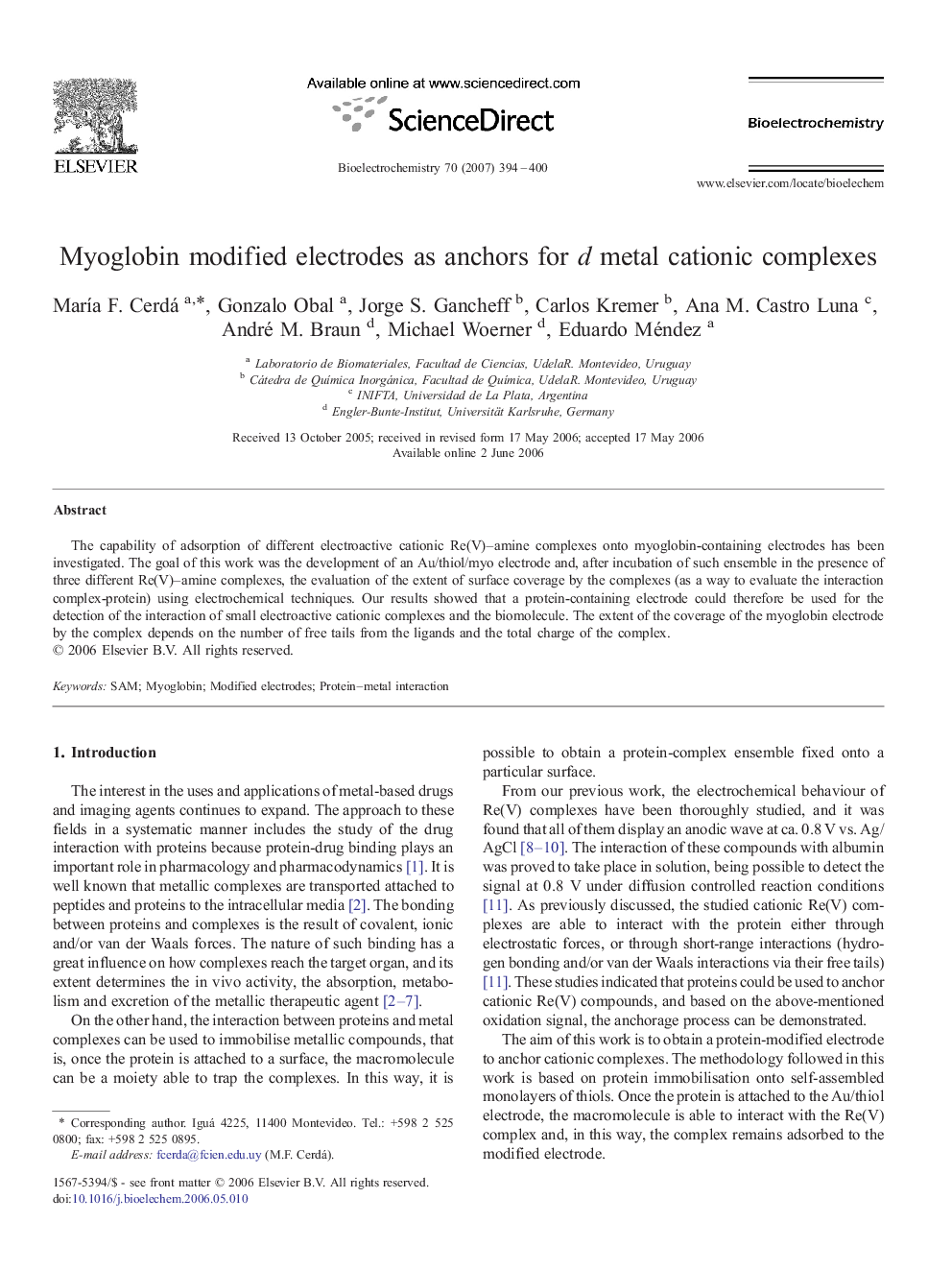 Myoglobin modified electrodes as anchors for d metal cationic complexes