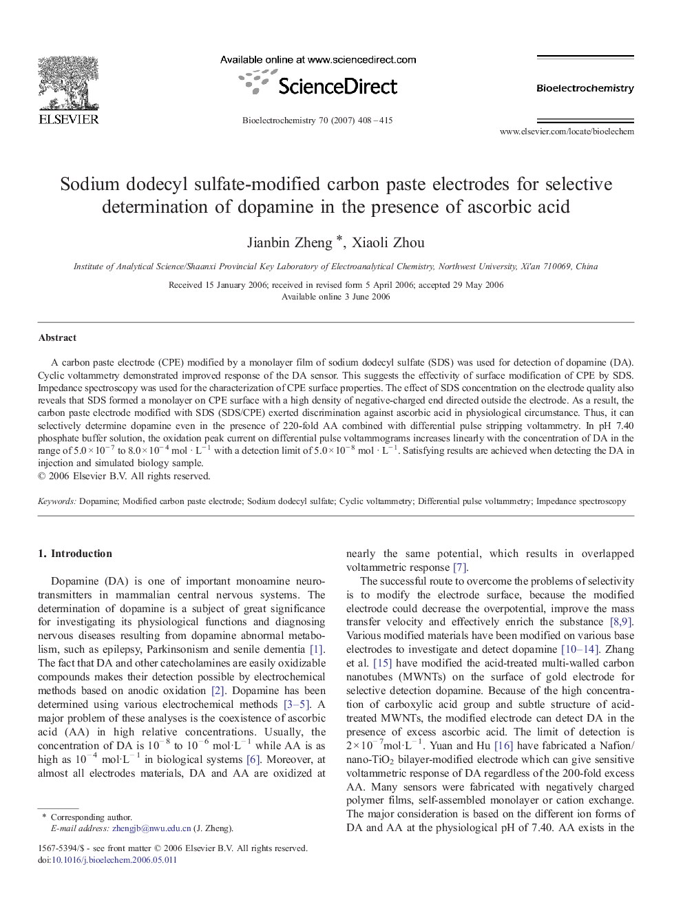 Sodium dodecyl sulfate-modified carbon paste electrodes for selective determination of dopamine in the presence of ascorbic acid