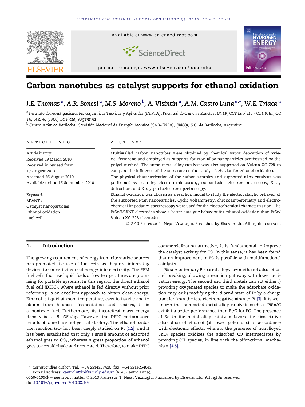 Carbon nanotubes as catalyst supports for ethanol oxidation