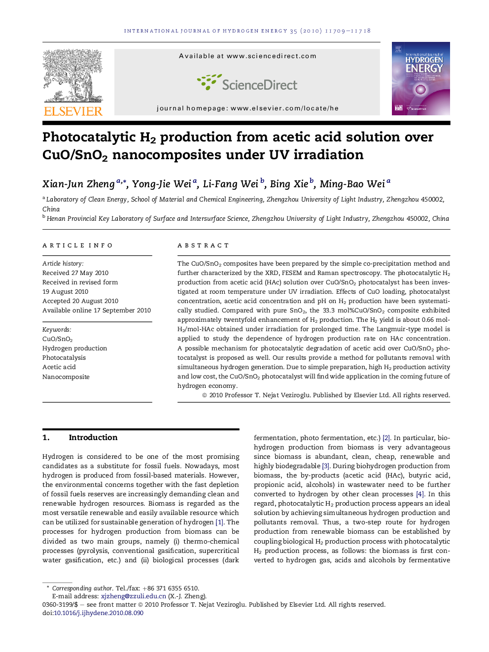 Photocatalytic H2 production from acetic acid solution over CuO/SnO2 nanocomposites under UV irradiation