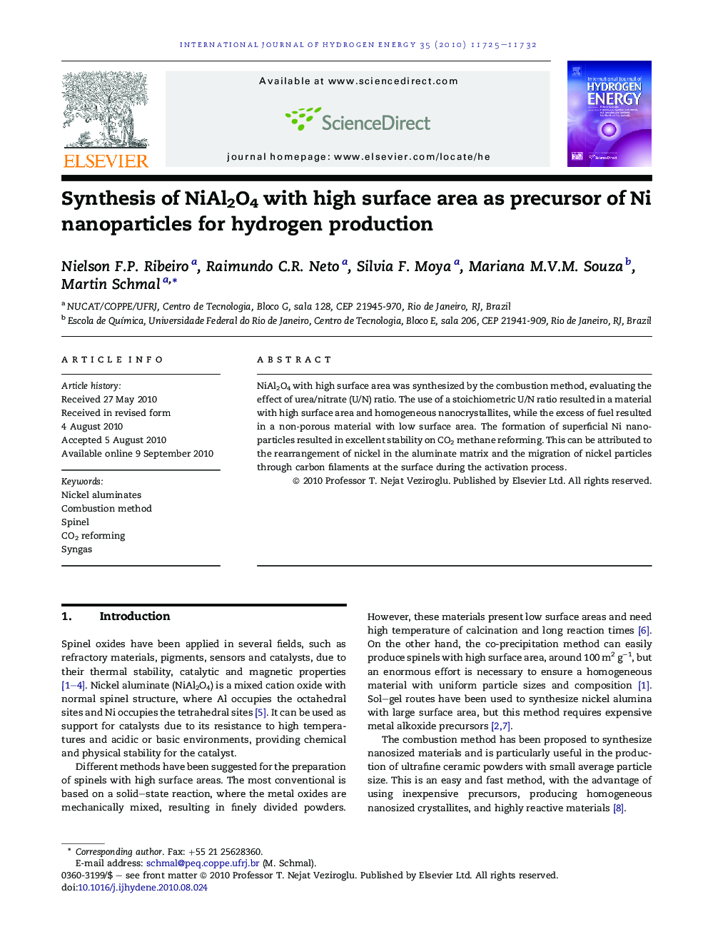 Synthesis of NiAl2O4 with high surface area as precursor of Ni nanoparticles for hydrogen production