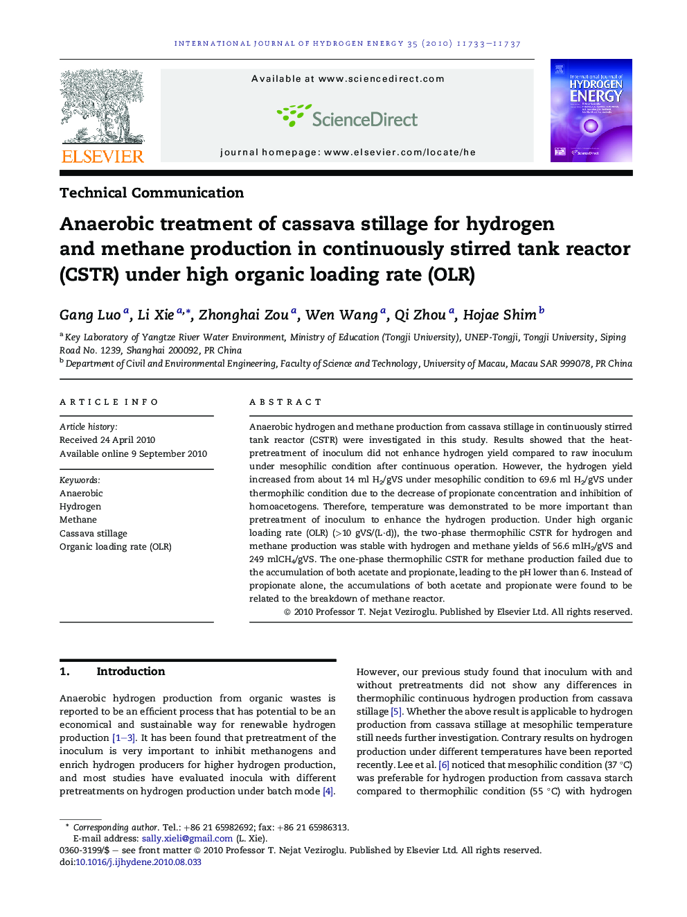 Anaerobic treatment of cassava stillage for hydrogen and methane production in continuously stirred tank reactor (CSTR) under high organic loading rate (OLR)