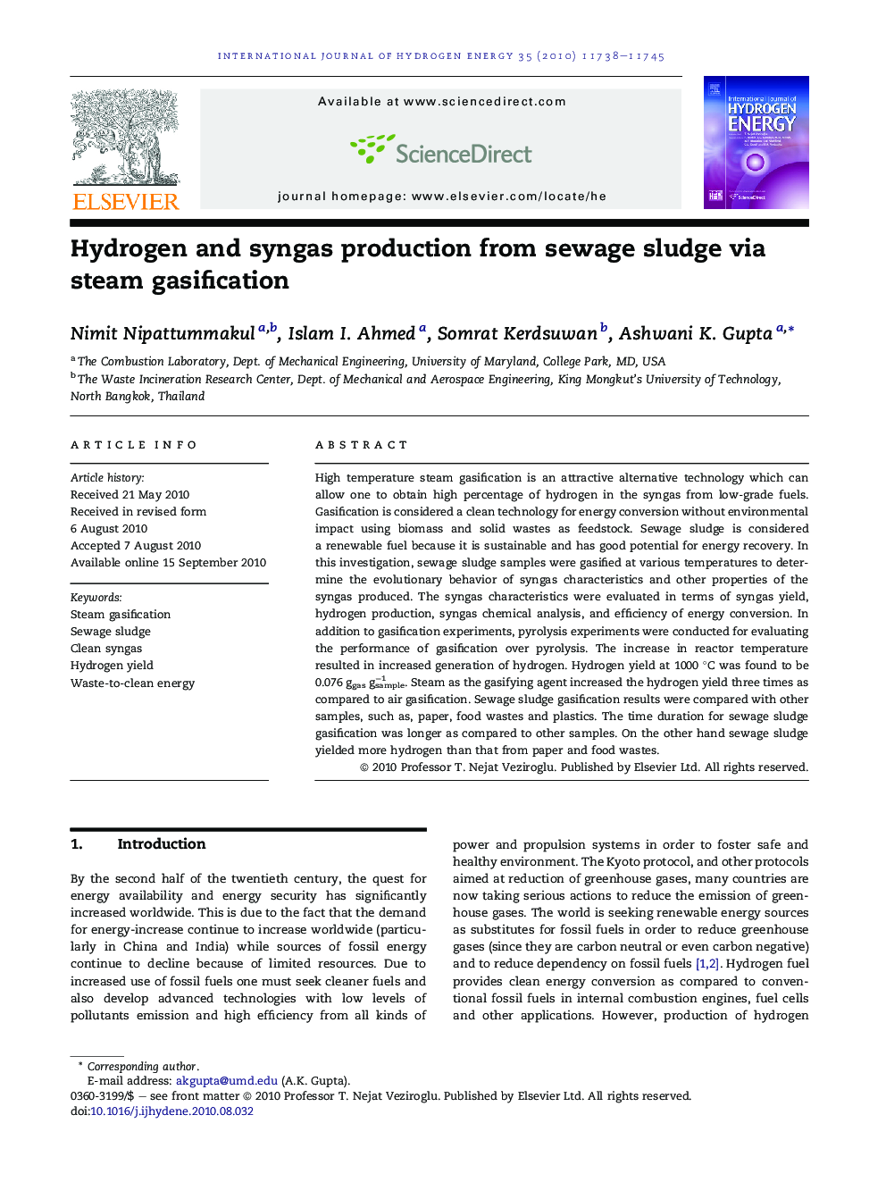 Hydrogen and syngas production from sewage sludge via steam gasification