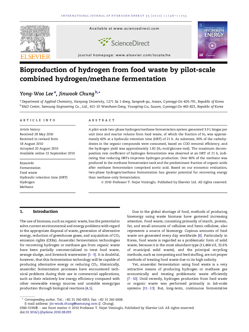 Bioproduction of hydrogen from food waste by pilot-scale combined hydrogen/methane fermentation