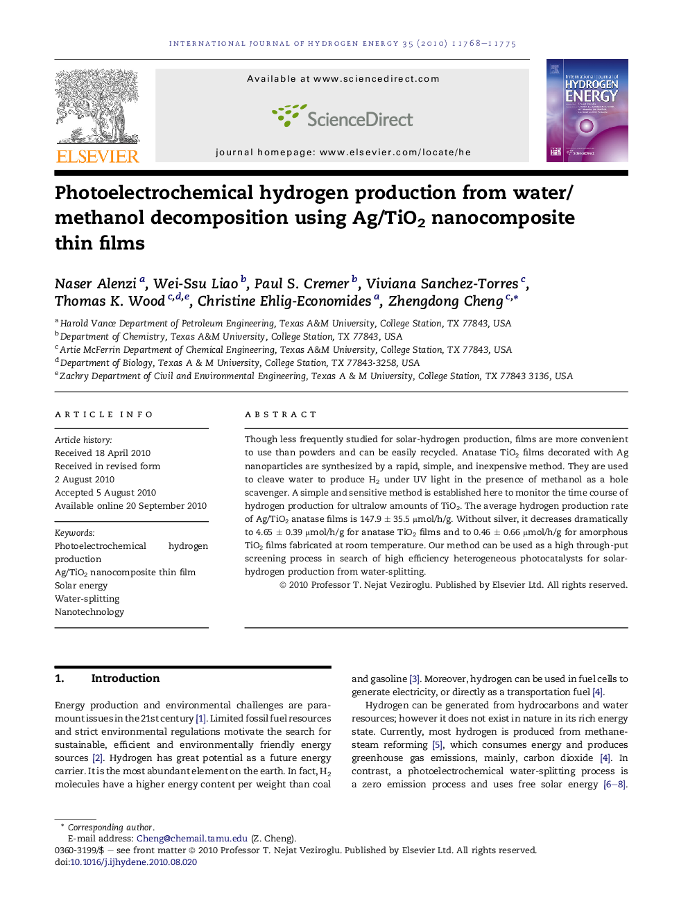 Photoelectrochemical hydrogen production from water/methanol decomposition using Ag/TiO2 nanocomposite thin films