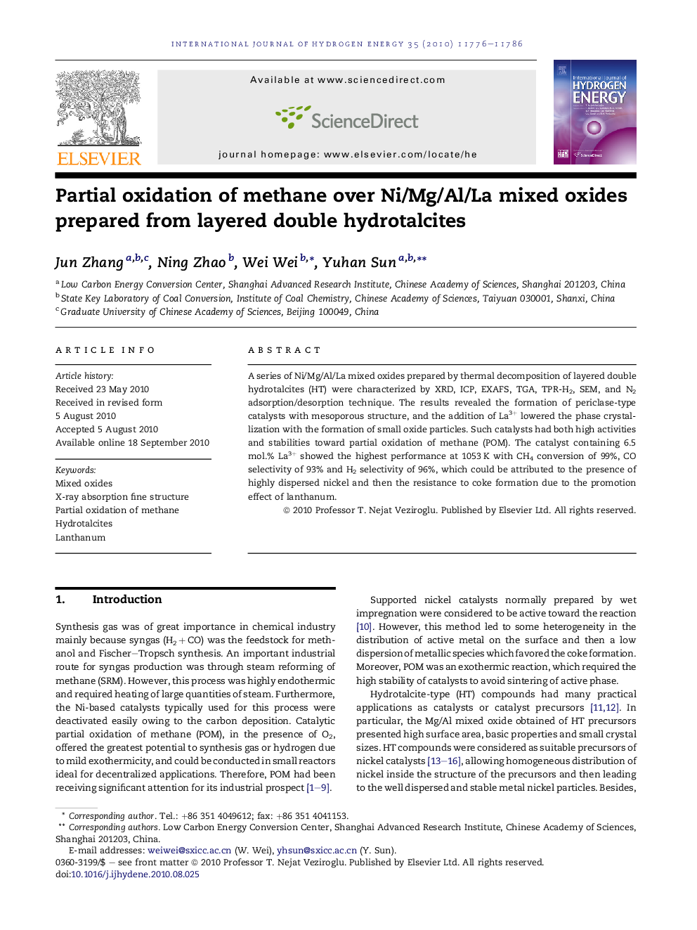 Partial oxidation of methane over Ni/Mg/Al/La mixed oxides prepared from layered double hydrotalcites