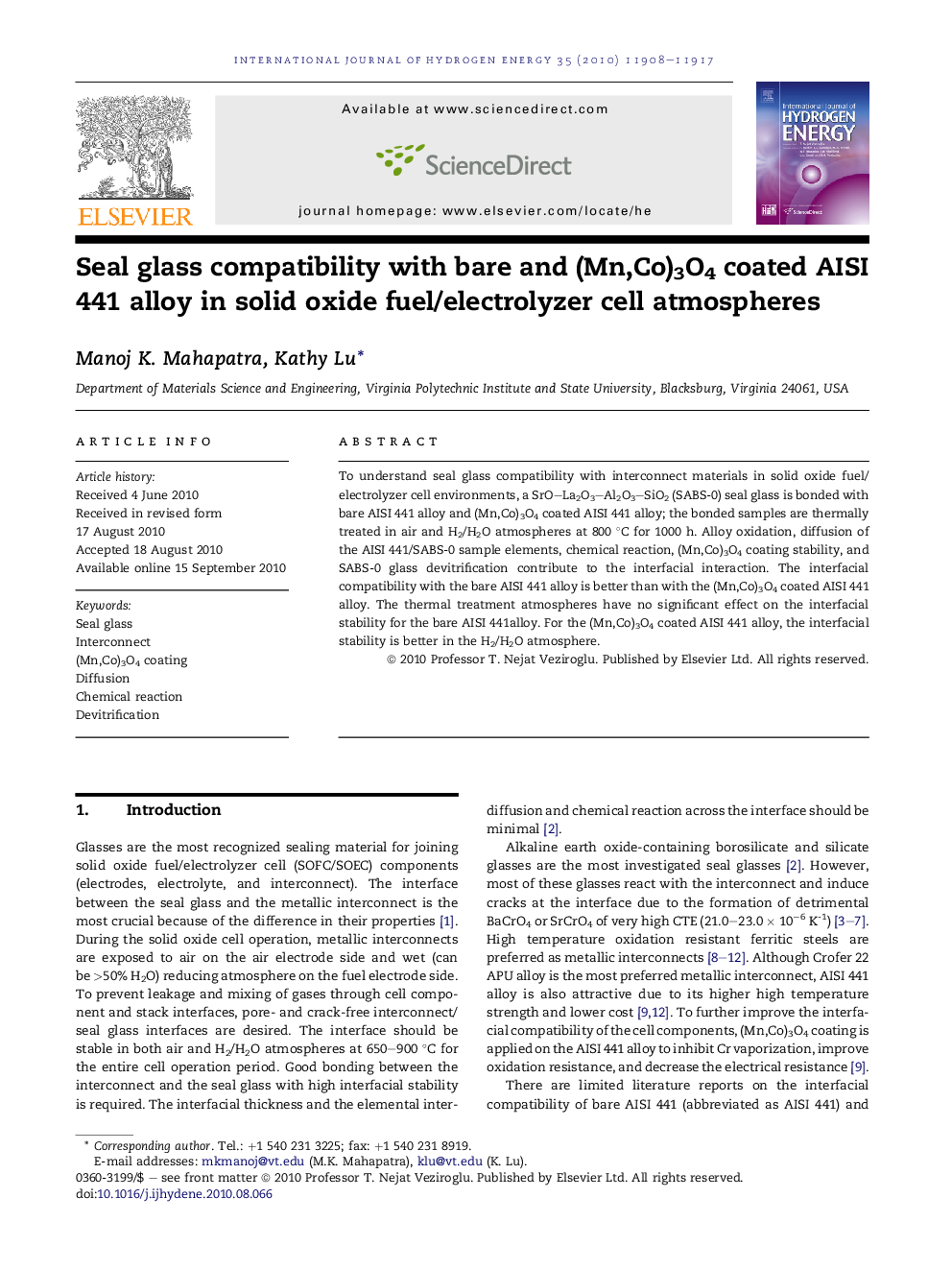 Seal glass compatibility with bare and (Mn,Co)3O4 coated AISI 441 alloy in solid oxide fuel/electrolyzer cell atmospheres