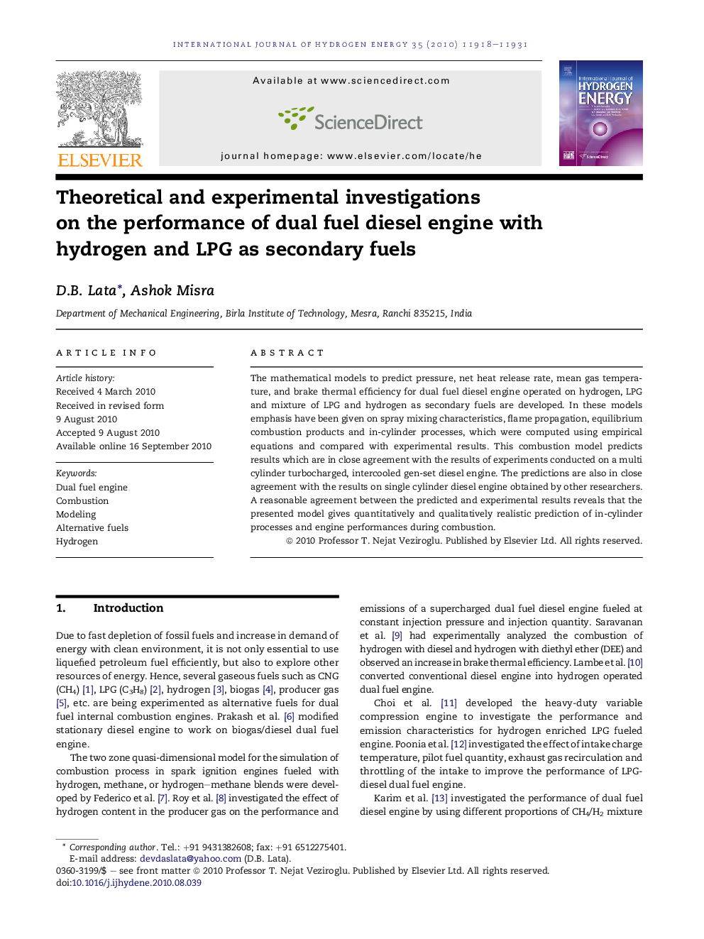 Theoretical and experimental investigations on the performance of dual fuel diesel engine with hydrogen and LPG as secondary fuels