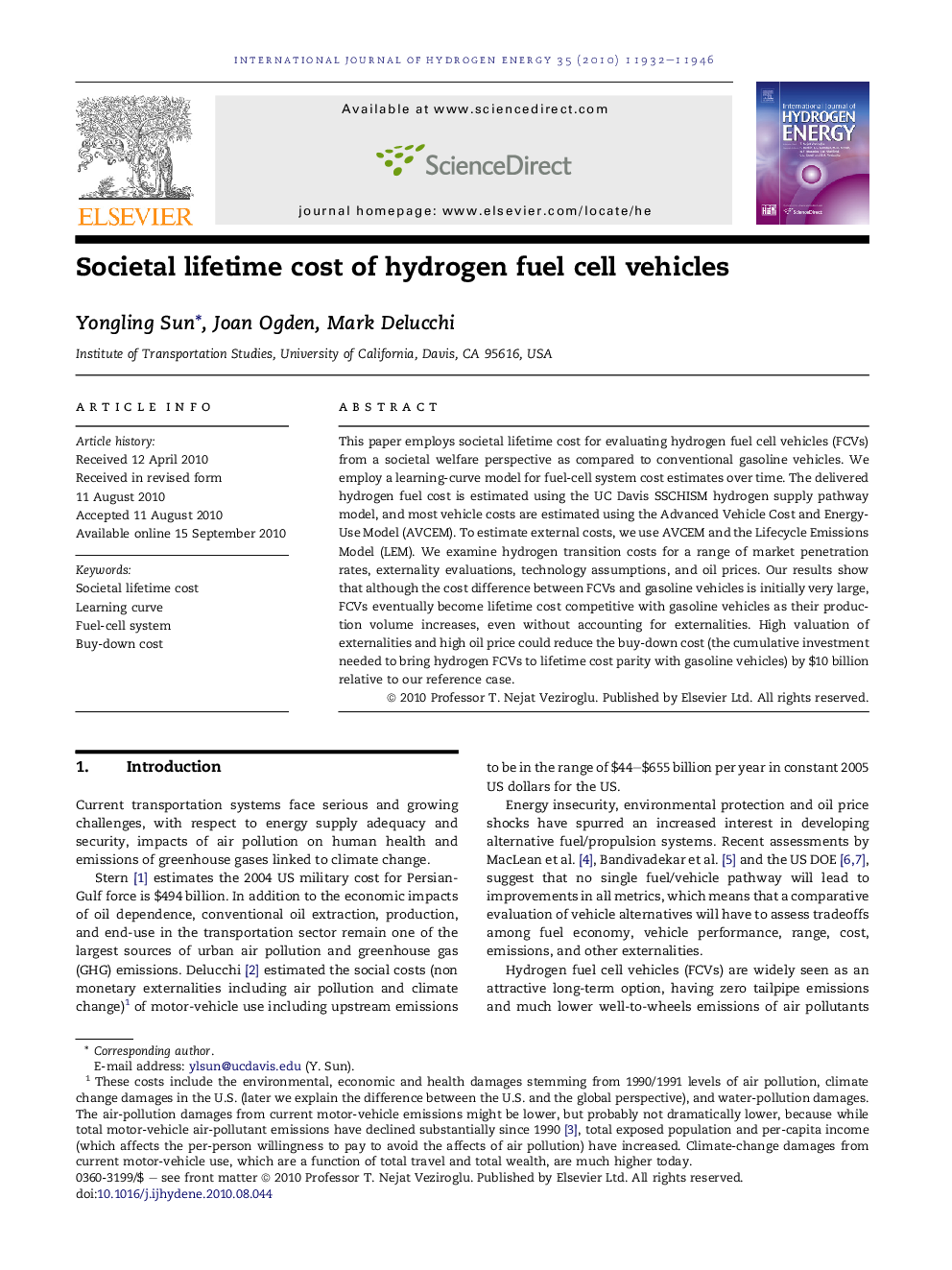 Societal lifetime cost of hydrogen fuel cell vehicles