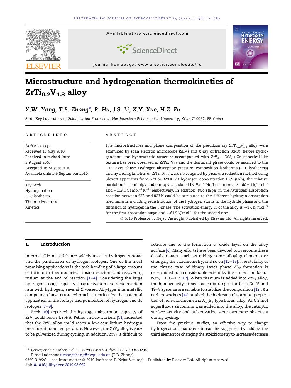 Microstructure and hydrogenation thermokinetics of ZrTi0.2V1.8 alloy