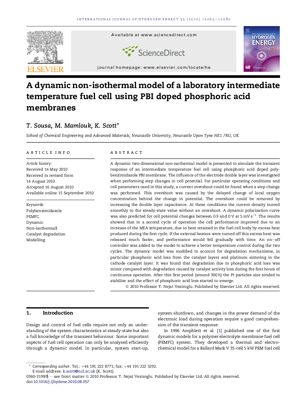 A dynamic non-isothermal model of a laboratory intermediate temperature fuel cell using PBI doped phosphoric acid membranes