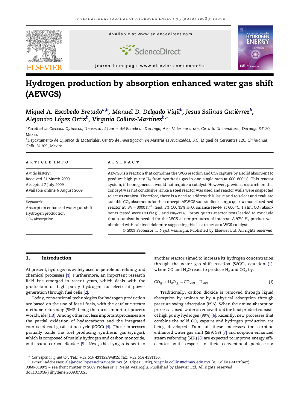 Hydrogen production by absorption enhanced water gas shift (AEWGS)