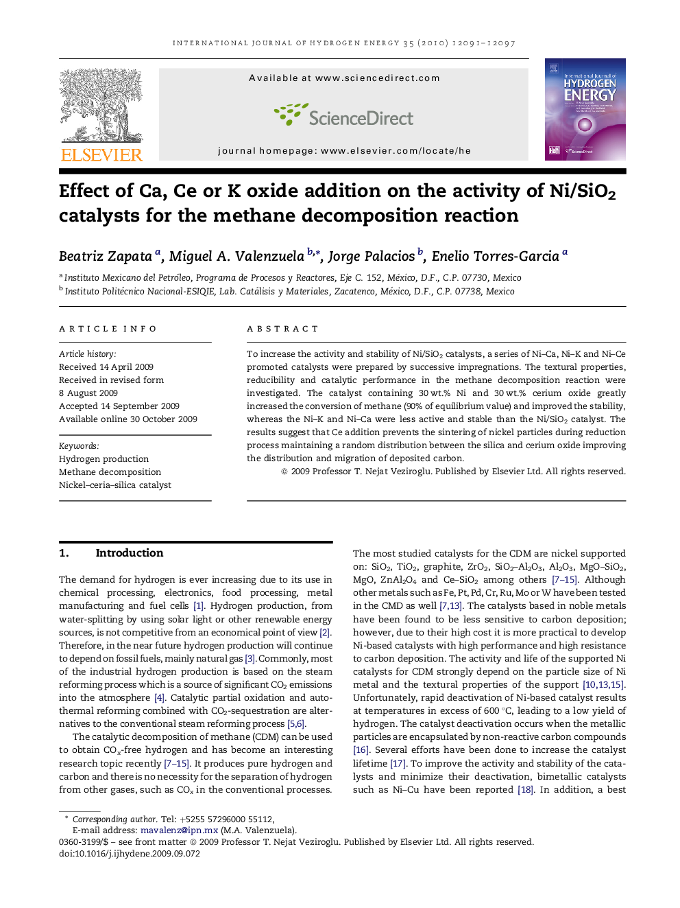 Effect of Ca, Ce or K oxide addition on the activity of Ni/SiO2 catalysts for the methane decomposition reaction