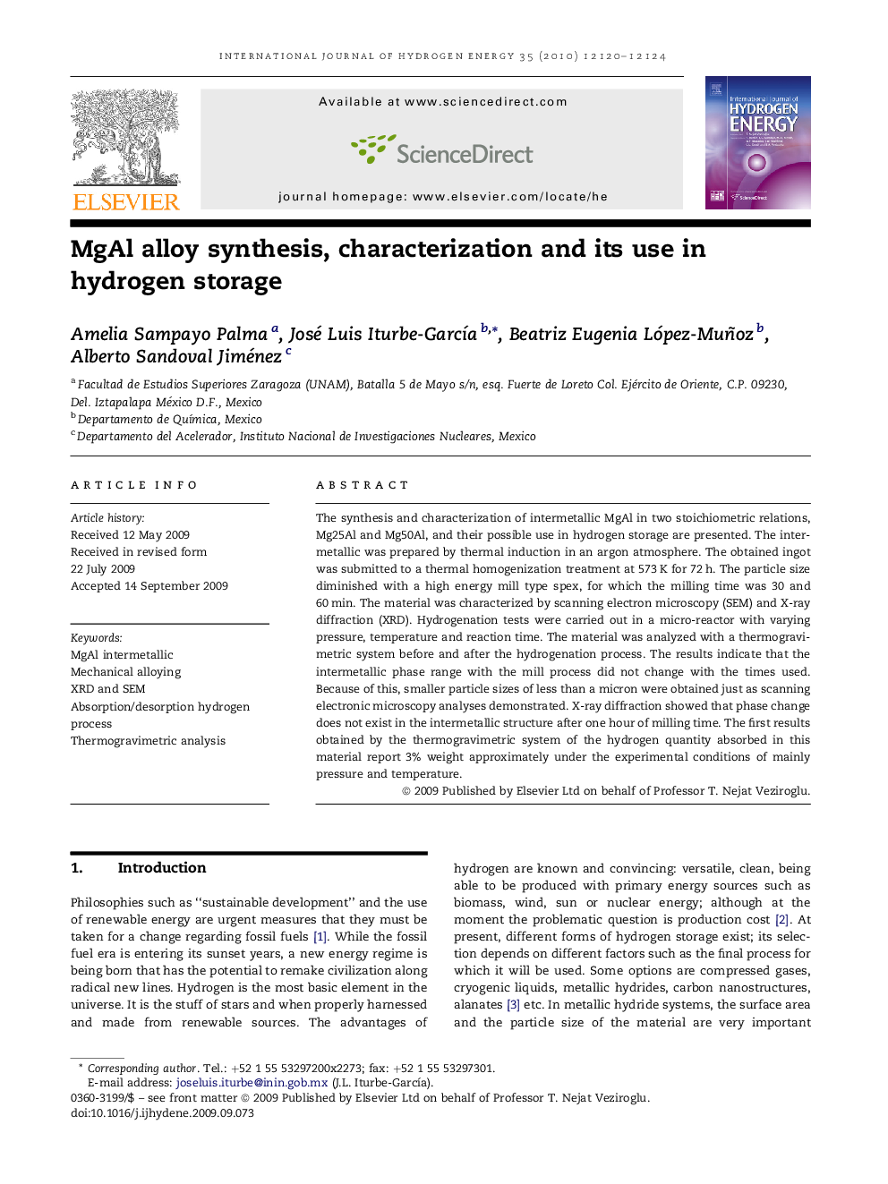 MgAl alloy synthesis, characterization and its use in hydrogen storage