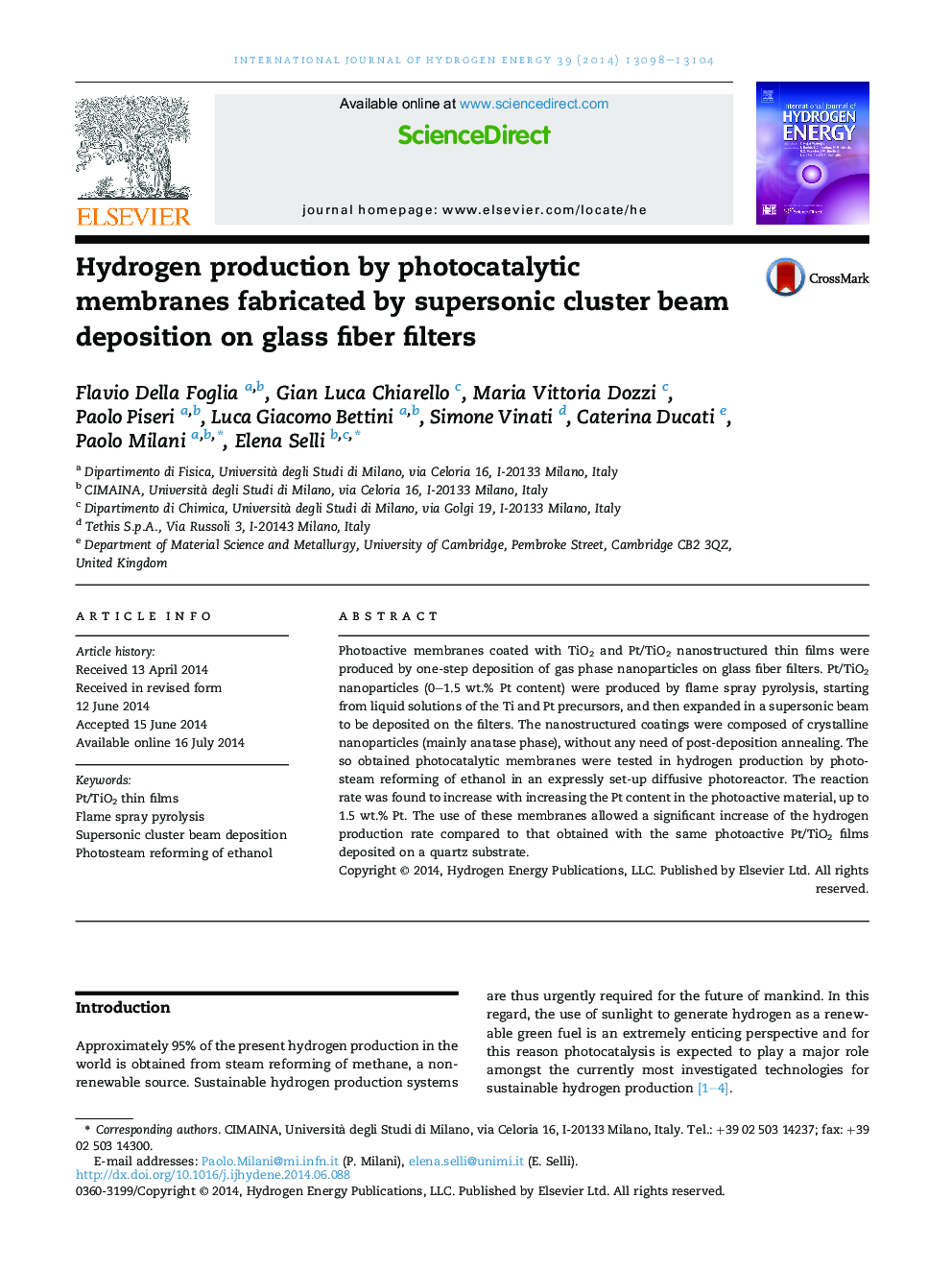 Hydrogen production by photocatalytic membranes fabricated by supersonic cluster beam deposition on glass fiber filters