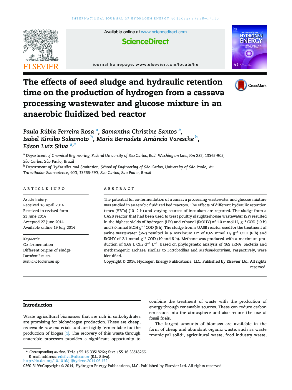 The effects of seed sludge and hydraulic retention time on the production of hydrogen from a cassava processing wastewater and glucose mixture in an anaerobic fluidized bed reactor