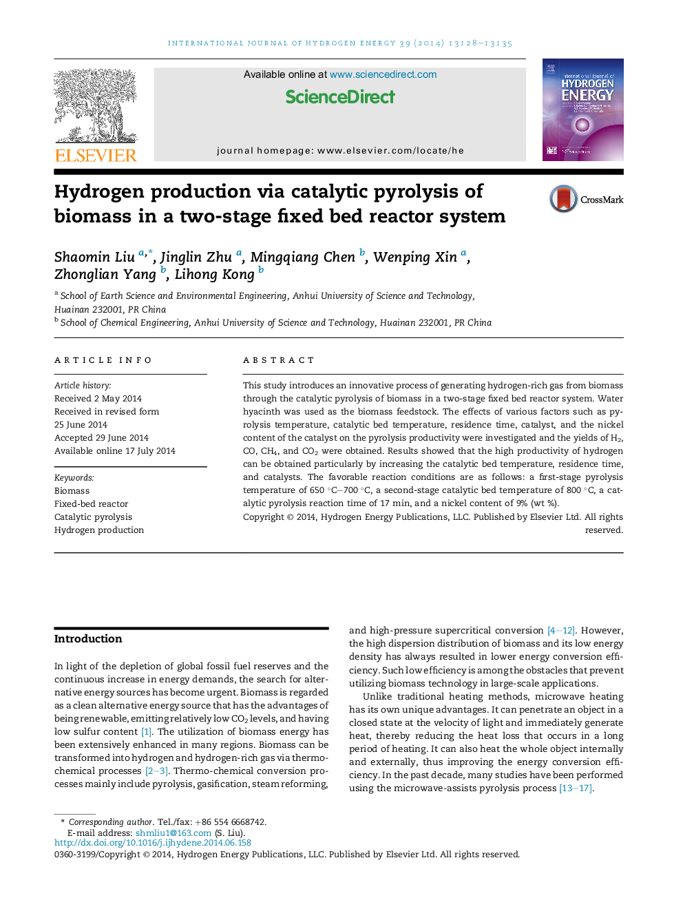 Hydrogen production via catalytic pyrolysis of biomass in a two-stage fixed bed reactor system