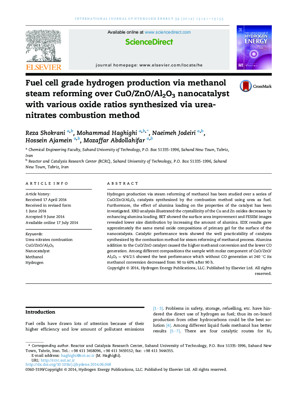 Fuel cell grade hydrogen production via methanol steam reforming over CuO/ZnO/Al2O3 nanocatalyst with various oxide ratios synthesized via urea-nitrates combustion method