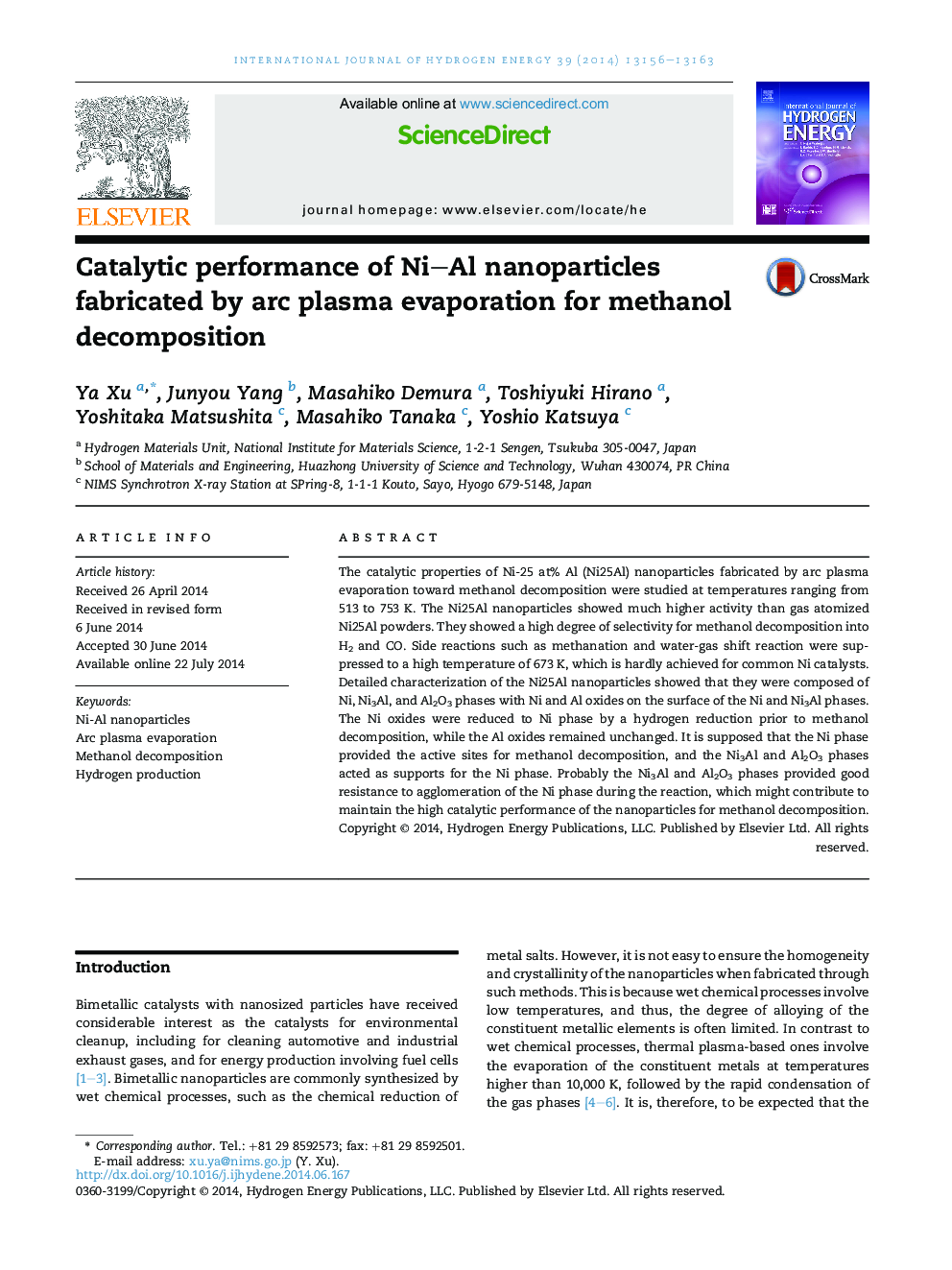 Catalytic performance of Ni–Al nanoparticles fabricated by arc plasma evaporation for methanol decomposition