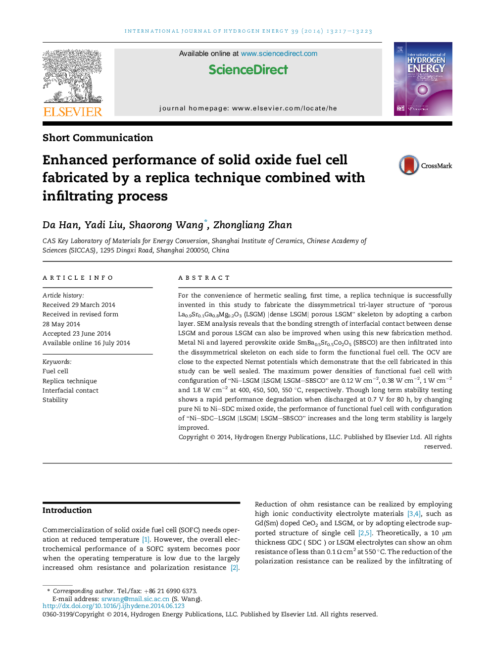 Enhanced performance of solid oxide fuel cell fabricated by a replica technique combined with infiltrating process