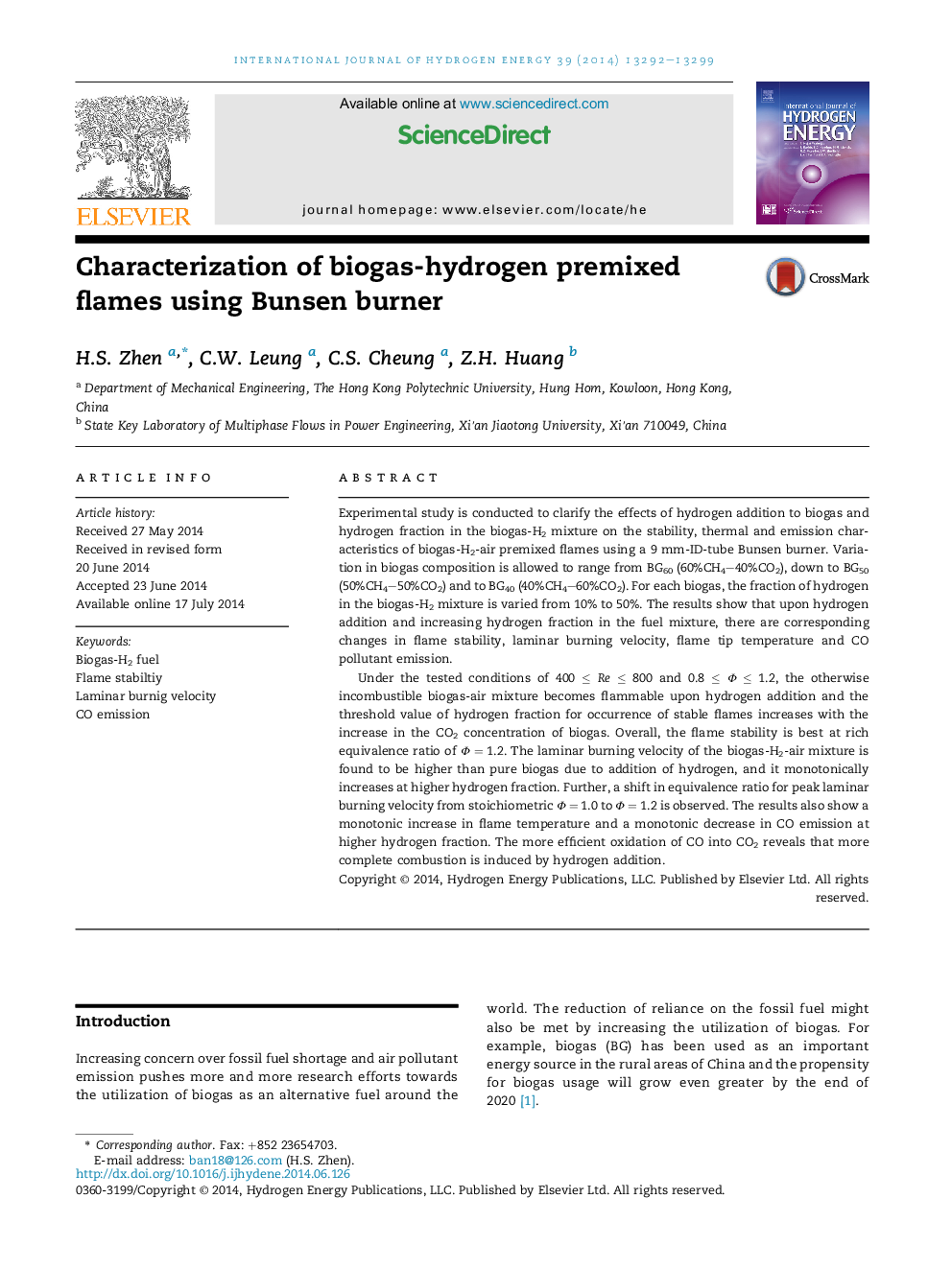 Characterization of biogas-hydrogen premixed flames using Bunsen burner