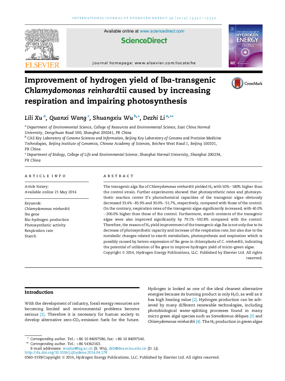 Improvement of hydrogen yield of lba-transgenic Chlamydomonas reinhardtii caused by increasing respiration and impairing photosynthesis