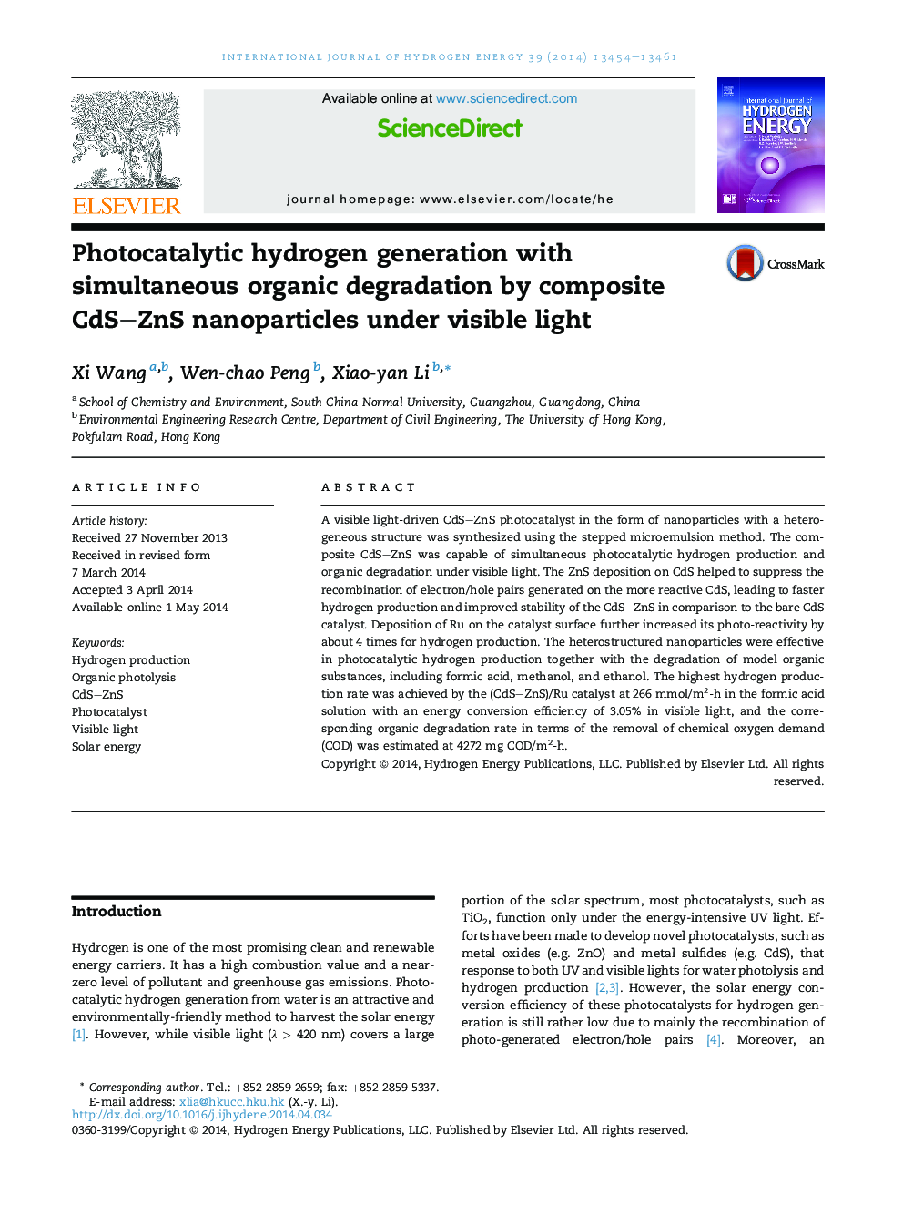 Photocatalytic hydrogen generation with simultaneous organic degradation by composite CdS–ZnS nanoparticles under visible light