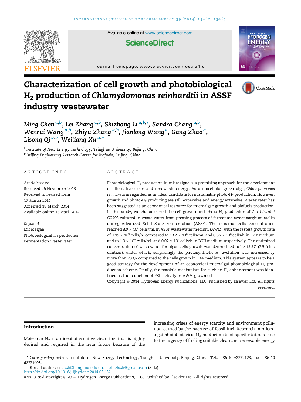 Characterization of cell growth and photobiological H2 production of Chlamydomonas reinhardtii in ASSF industry wastewater