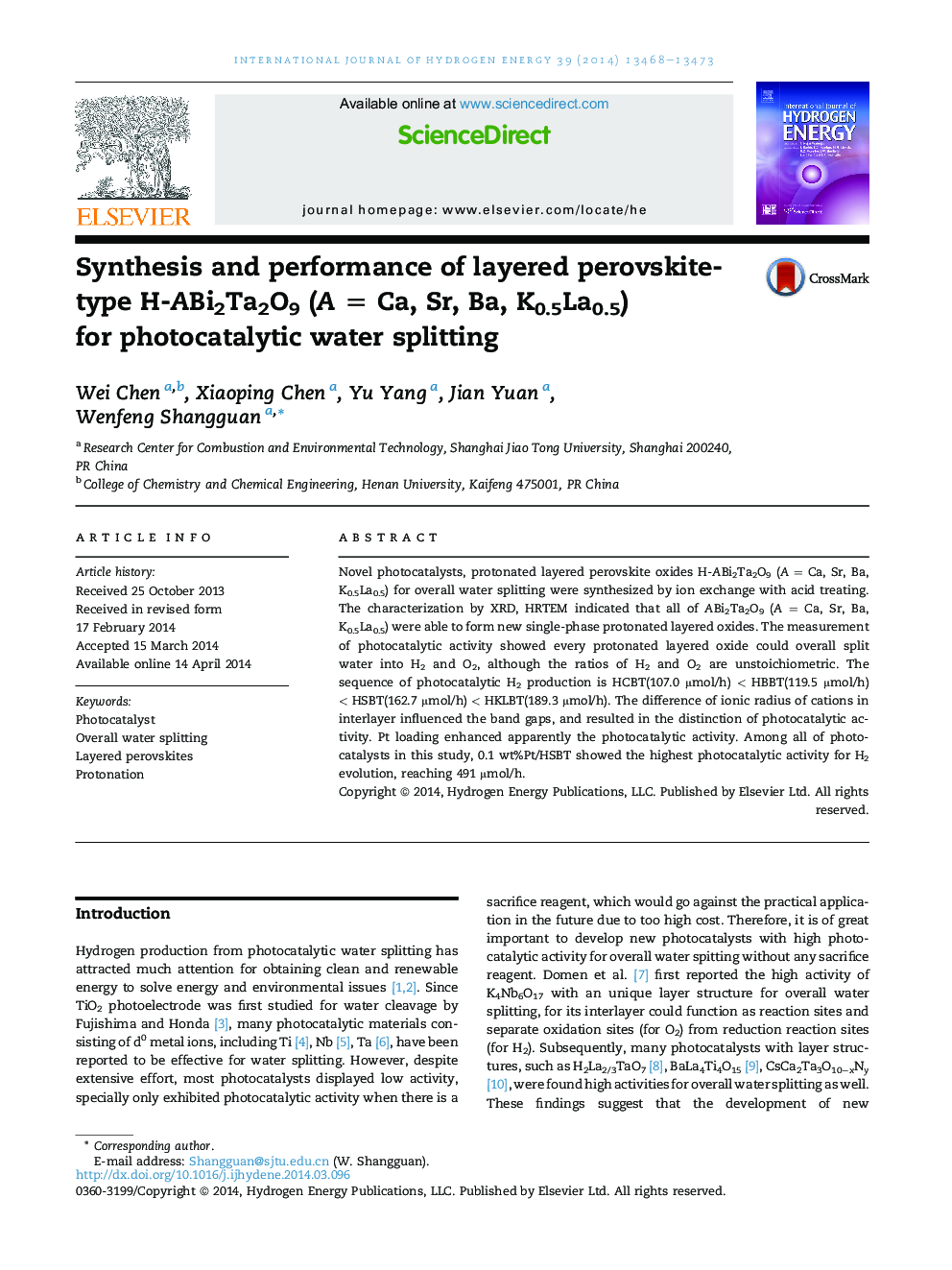 Synthesis and performance of layered perovskite-type H-ABi2Ta2O9 (A = Ca, Sr, Ba, K0.5La0.5) for photocatalytic water splitting