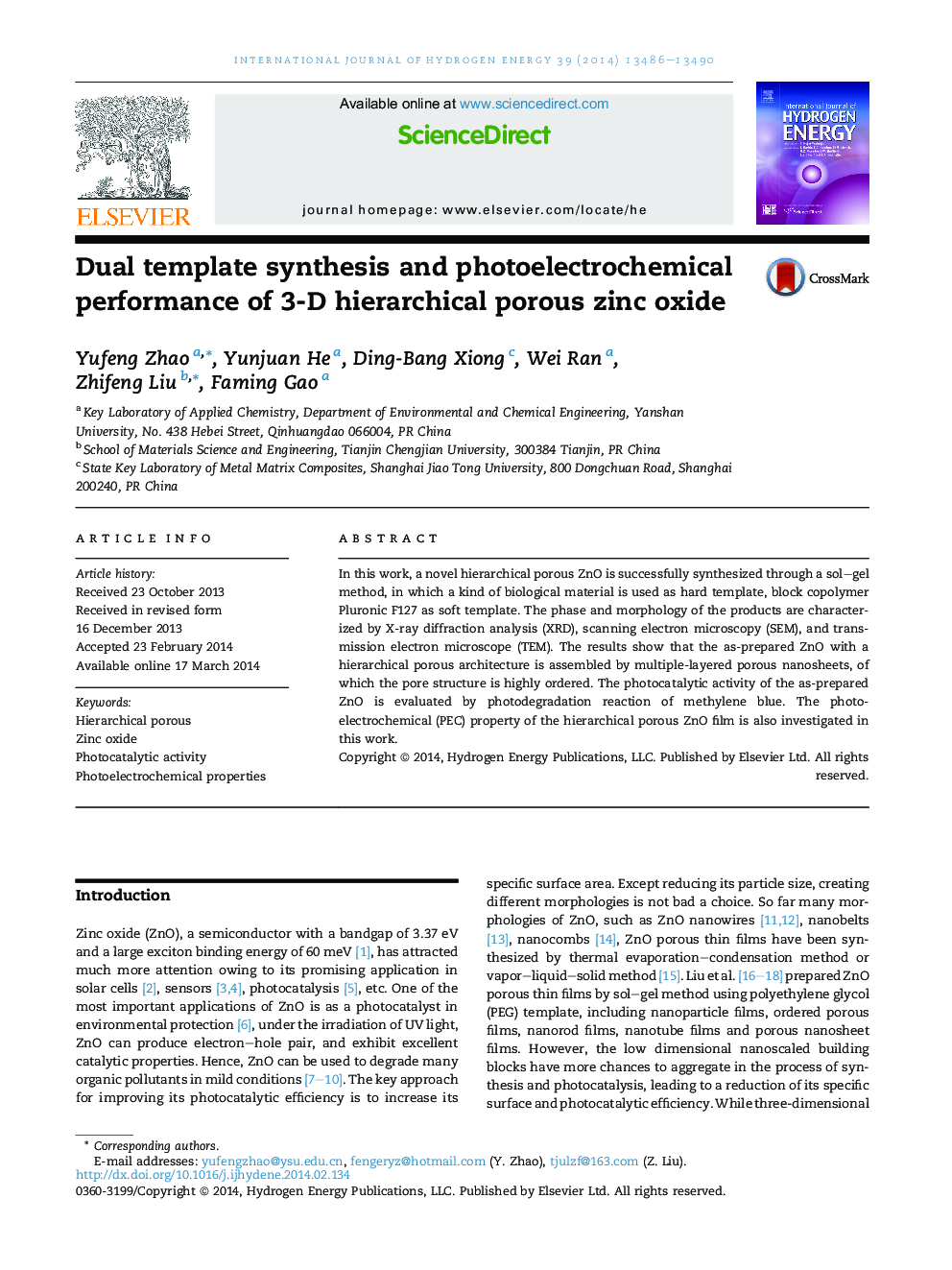 Dual template synthesis and photoelectrochemical performance of 3-D hierarchical porous zinc oxide