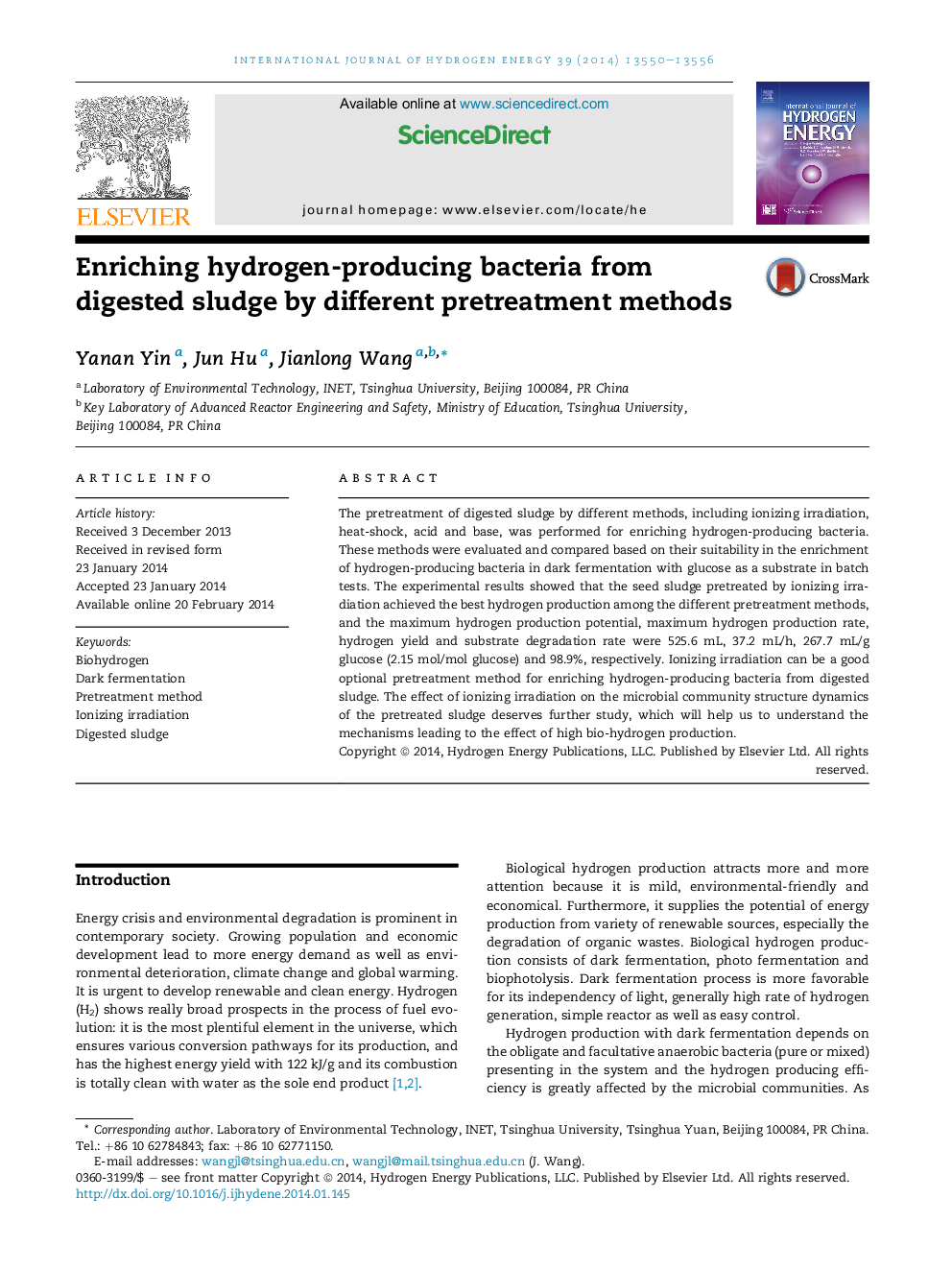 Enriching hydrogen-producing bacteria from digested sludge by different pretreatment methods