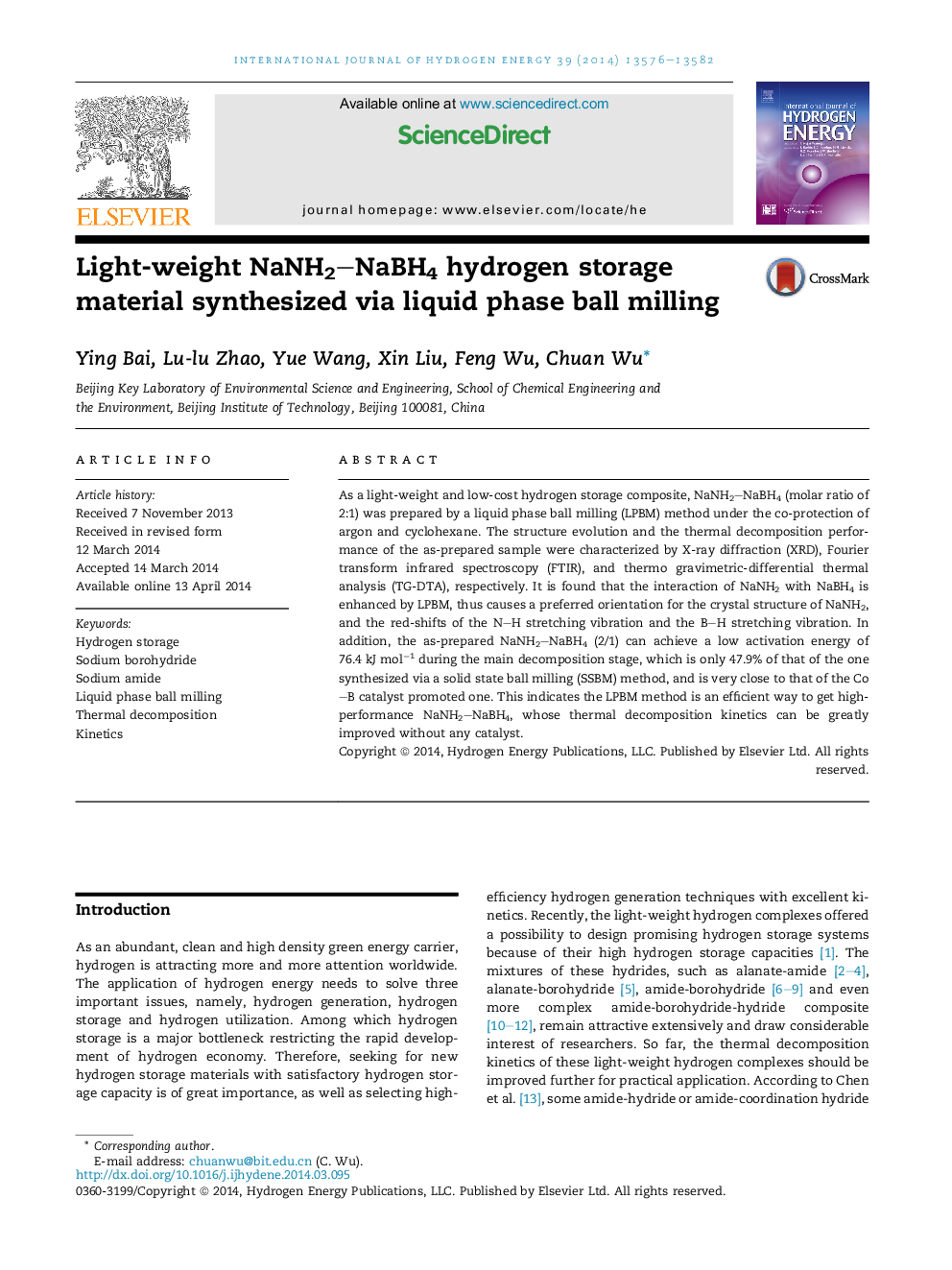 Light-weight NaNH2–NaBH4 hydrogen storage material synthesized via liquid phase ball milling